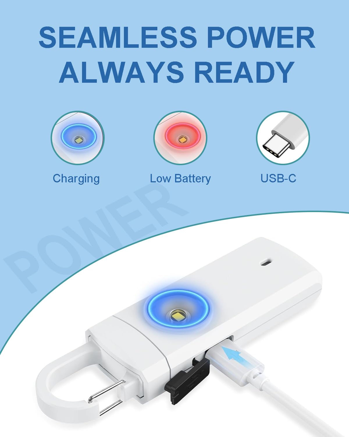 Alarma de seguridad personal recargable para mujeres, sonido de sirena fuerte, luz LED SOS estroboscópica, carga USB, alarma personal, llavero de autodefensa para esposa, hija, estudiante,