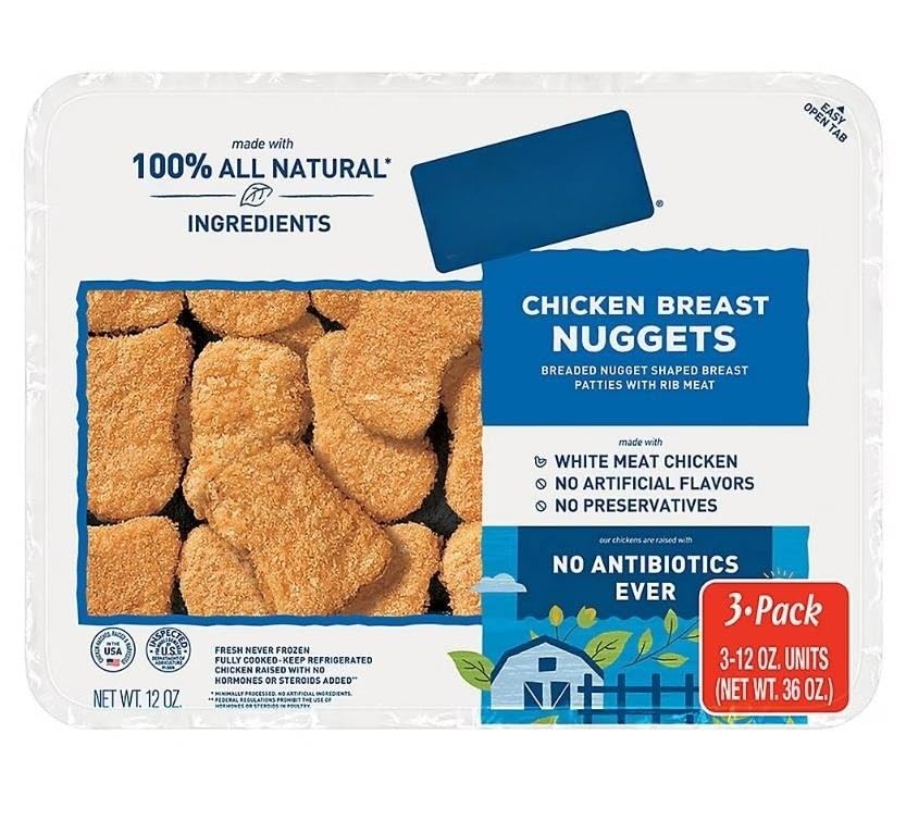 Breaded Chicken Breast Nuggets , Refrigerated Chicken Nuggets are fully cooked and ready to use as a quick meal, party appetizer, or even a protein-packed snack! These white meat chicken breast nuggets are perfect for adults and kids, alike. Made with only white meat chicken breast, no fillers, and coated with a crispy, seasoned breading, they're sure to make mealtime quick and delicious 3 pk [ 12 oz , 0.75 lb ]