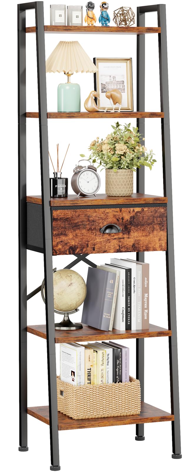 Furologee5 Tier Ladder Shelf, Tall and Narrow Bookshelf with Drawer,Standing Bookcase Units, Industrial Open Display Shelves Organizer for Bedroom, Living Room, Kitchen, Rustic Brown