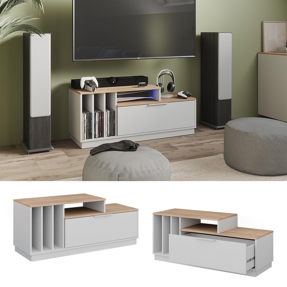 Vicco Mobile TV Betti, Bianco/Sonoma, 120 x 49.9 cm | con 1 porta, adatto per TV fino a 55 pollici e accessori multimediali