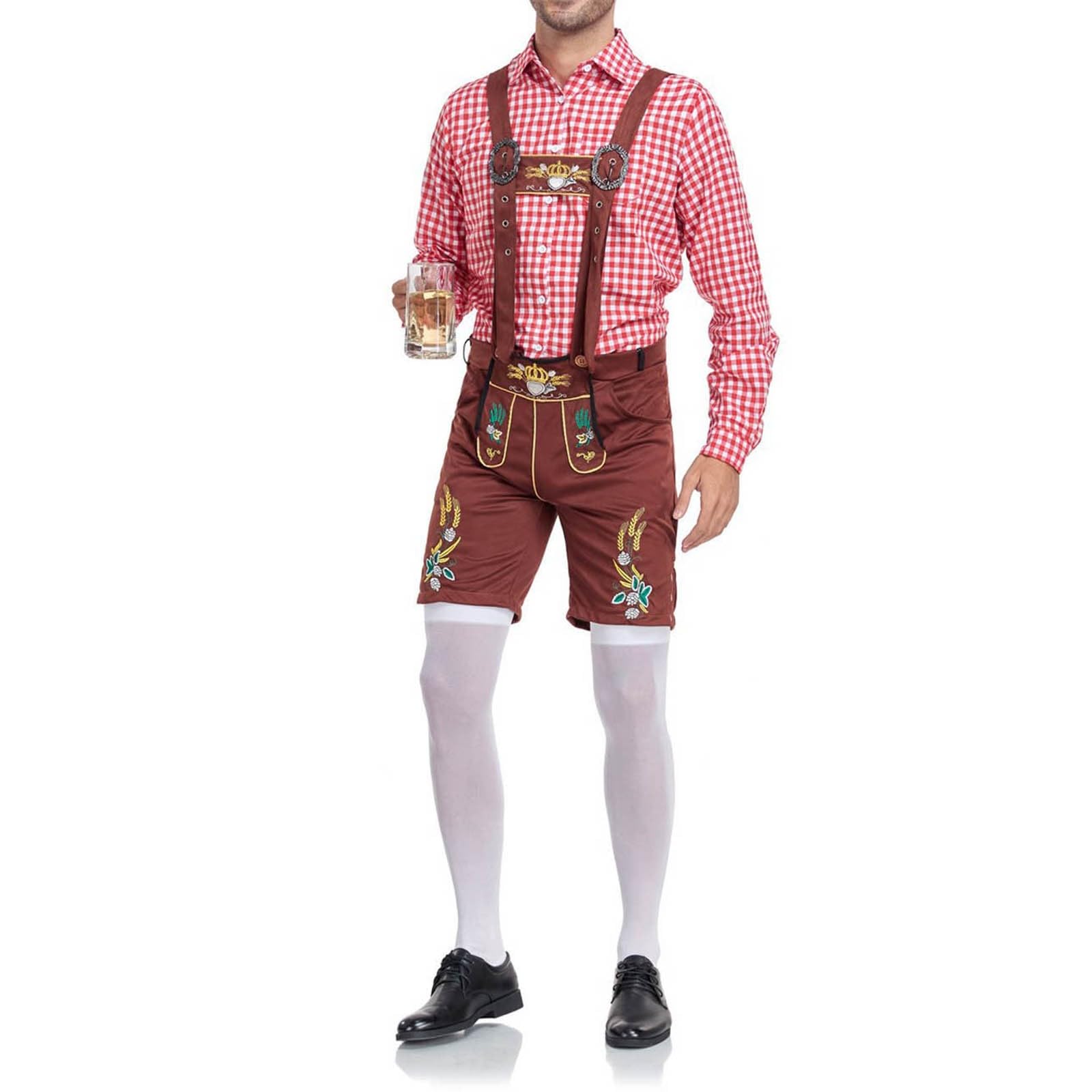Lederhose Herren Tracht, Trachtenhose Kurz,Trachtenlederhose Lederhosen mit Hosenträger Schwarz Braun Trachtenlederhosen für Oktoberfest Bayerische Outfit Modern