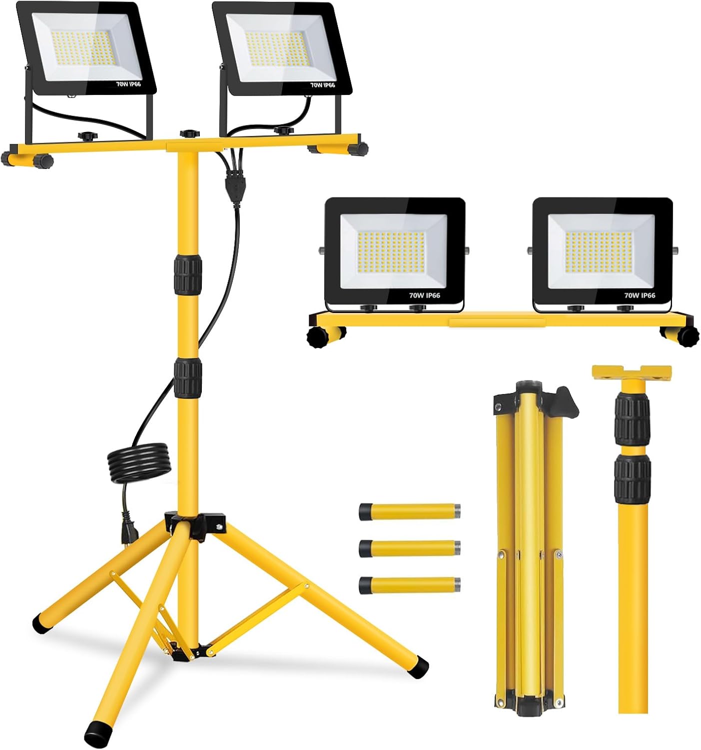 21000 Lumen Work Lights with Stand, 2 Adjustable Heads LED Work Lights, with Adjustable and Foldable Tripod Stand, Waterproof Lamp with Individual Switch with 6500 Kelvin Color Temperature (2-Heads)