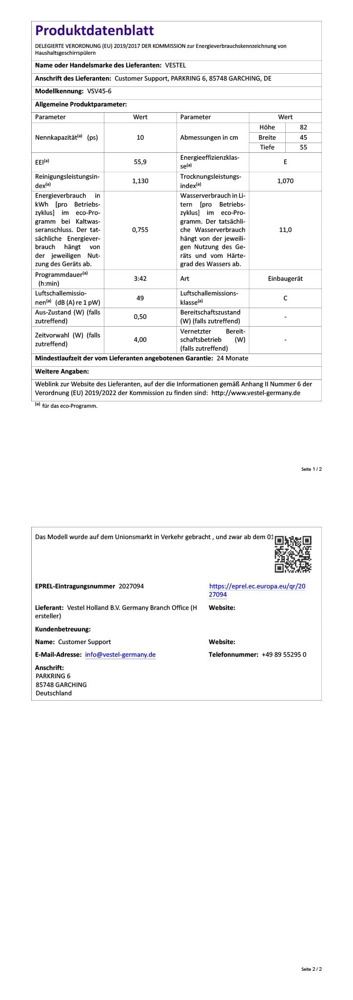 Vestel VSV45-6 vollintegrierter Geschirrspüler 45 cm 10 Maßgedecke 6 Programme LED-Anzeige Energieklasse E