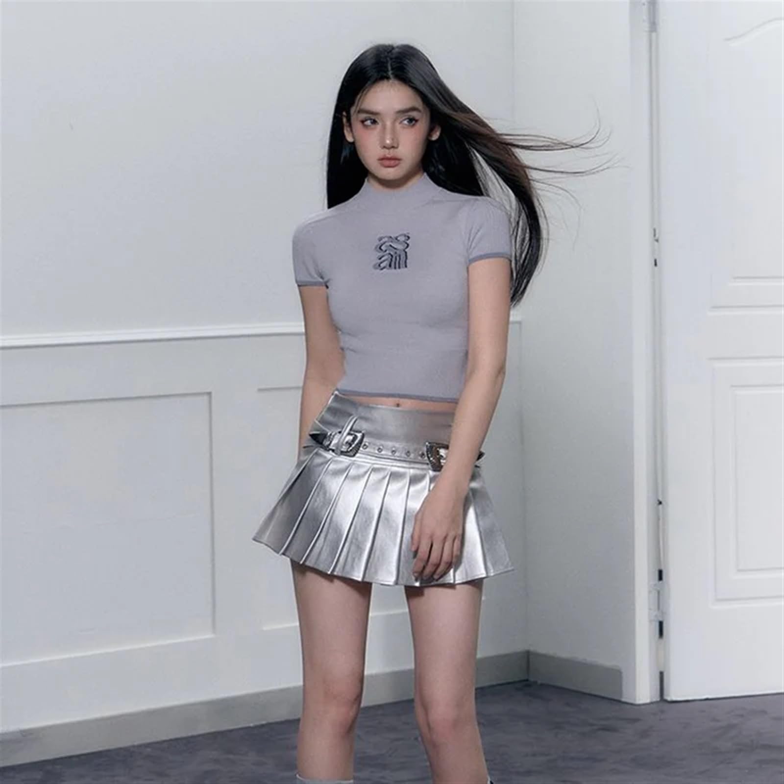 Falda Plisado Faldas Plisadas Plateadas de Cuero sintético for Mujer, minifaldas Cintura Alta con cinturón, Verano, Corte A