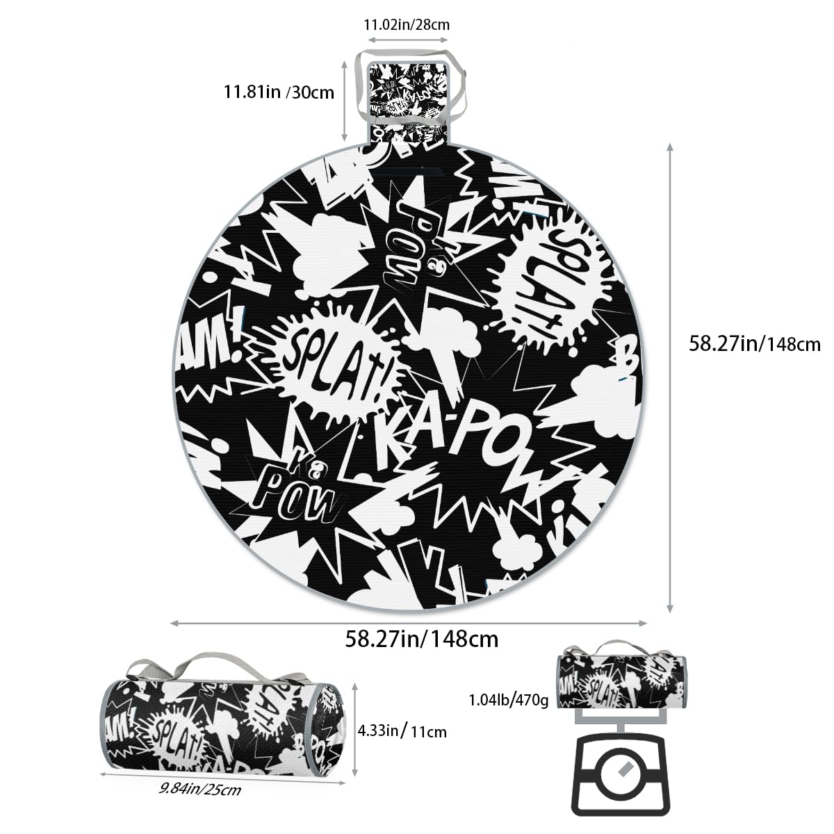 Shimoshe Comic Book Words Pattern Picnic Outdoor Blanket Foldable Waterproof Sandproof Beach Blanket Portable Water-Resistant Round Picnic Mat for Travel Camping Park Lawn