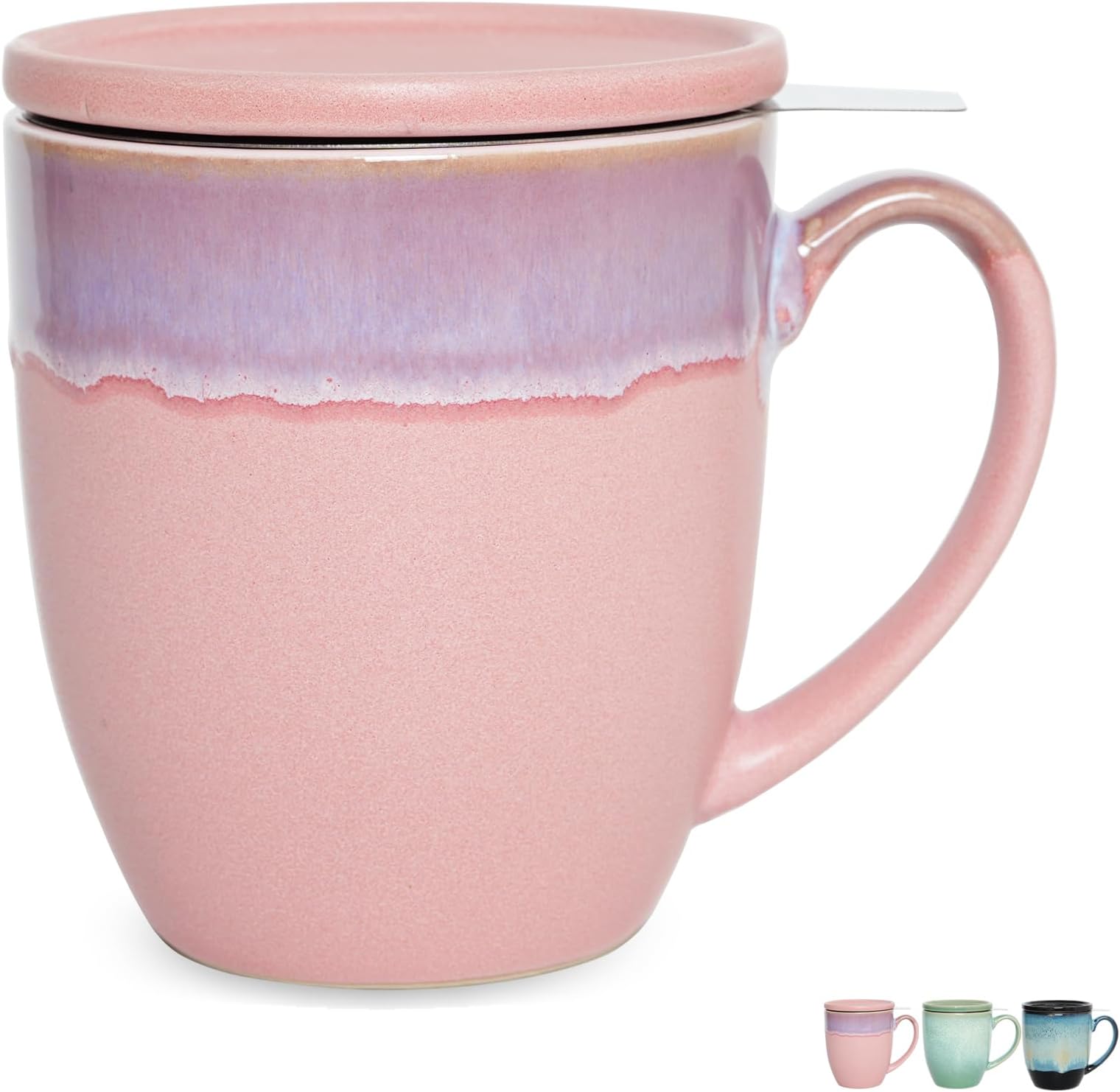 Bosmarlin Ceramic Tea Cup with Infuser and Lid, 16 Oz, Loose Leaf Tea Steeper Mug with Strainer, Microwave and Dishwasher Safe, Reactive Glaze (16 Oz, Pink)