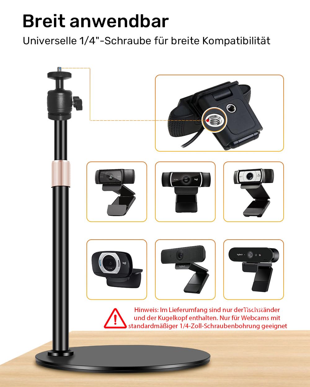 Supporto per Webcam - Sfera Regolabile in Altezza e Ruotabile 360° - Compatibile con Logitech C922, C930e, C920S, C920, C615, C960, NexiGo N60, Webcam Tripod Stand