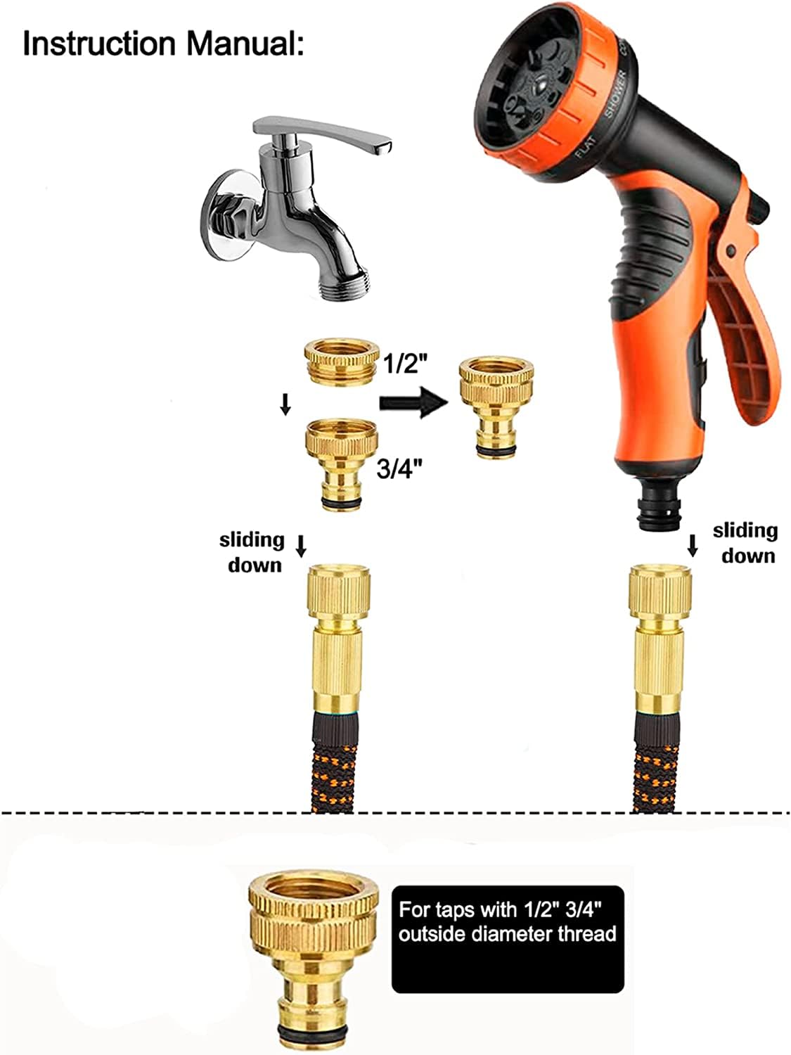 Tubo da giardino espandibile con pistola a spruzzo d'acqua a 10 modalità, connettori in ottone massiccio da 3/4" e 1/2", resistente tessuto 3450D, avvolgitubo per tubo da giardino, tubo magico