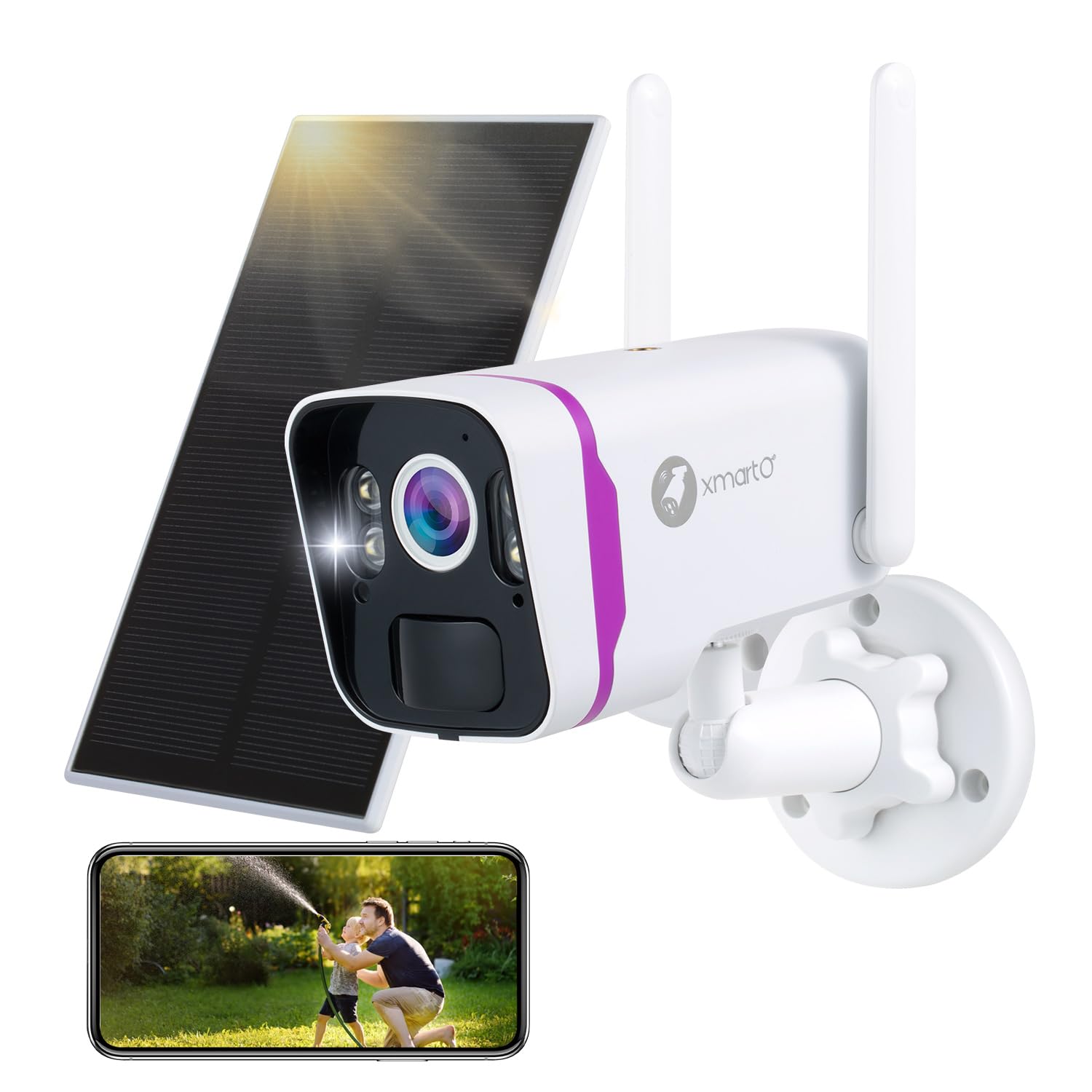 XMARTO 100% Wire-Free 4MP HD Solar Security Camera Wireless for Home Surveillance (All-Weather Solar Charge, AI Motion Detection, Spot Light and Siren, SD, NVR & Cloud Storage)