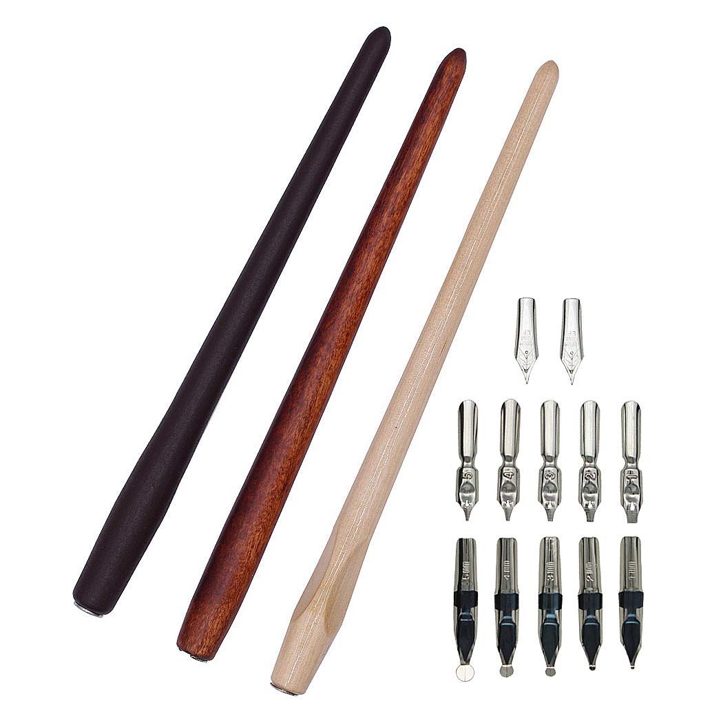 SIPLIV Professional Manga Gothic Pen Dip Pen Calligraphy Drawing Pen Kit, 4 Pen Holders Handles, 12 Different Pen Nibs - Wood 3PCS