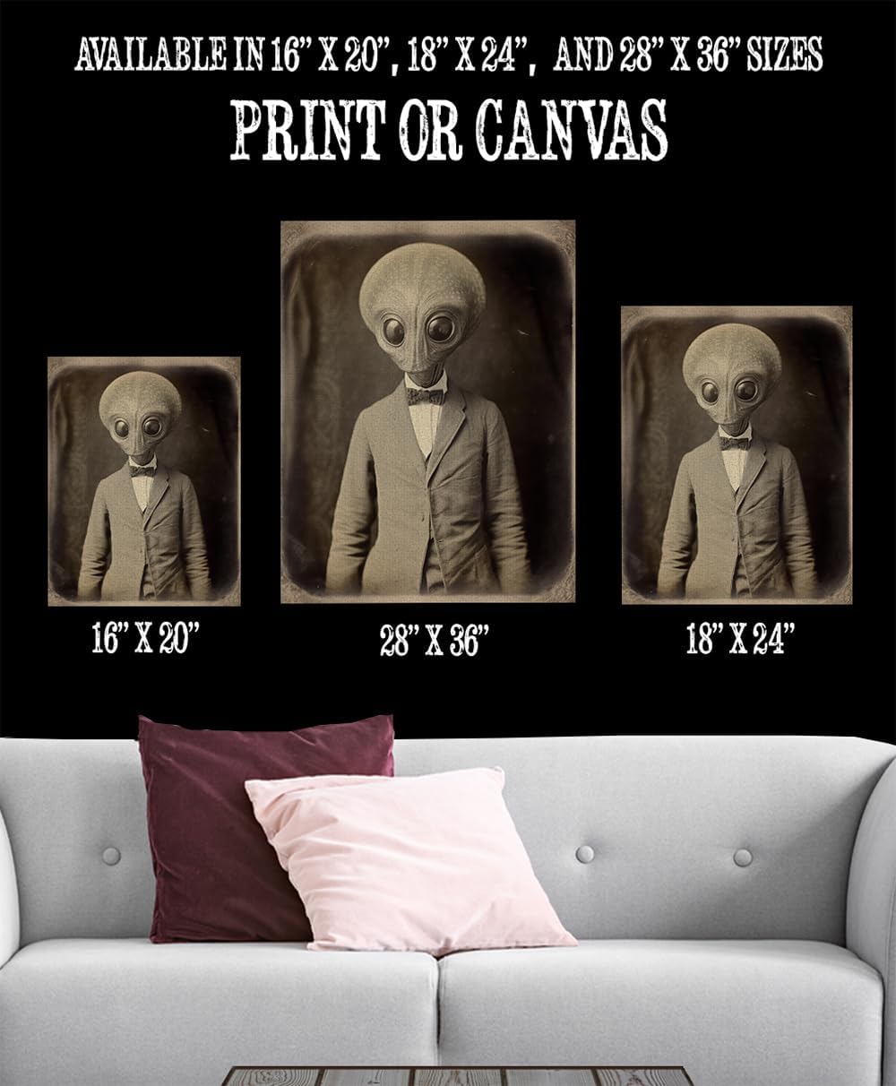 Lone Star Art Vintage Steampunk Alien in Victorian Portrait with Big Head and Eyes Wearing a Suit Poster – Psychedelic Retro Futurism UFO Halloween Decoration – Stretched Canvas 28x36 Print