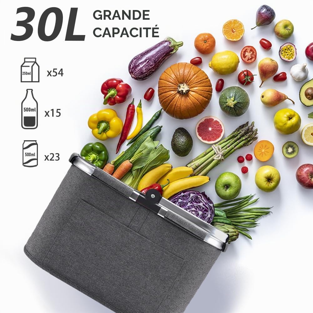 Sac à provisions familial, 30 l, pliable, grand panier de pique-nique, sac de voyage, panier de courses pratique, avec poignées rembourrées, idéal pour les voyages, les pique-niques, les courses, les