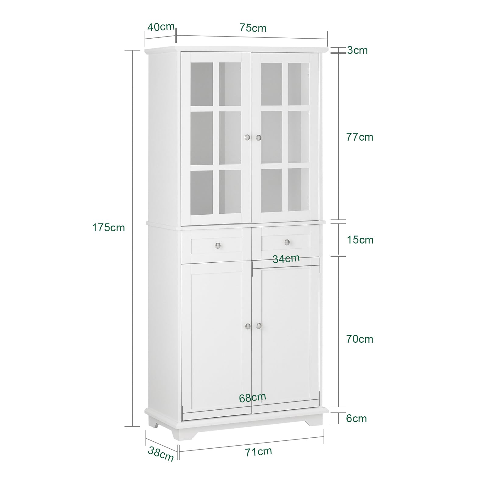 SoBuy Credenza Alta per Cucina Mobile Buffet in Legno con 6 scomparti e 2 cassetti Armadio Dispensa in Stile moderno Bianco 75x40x175cm FSB76-W