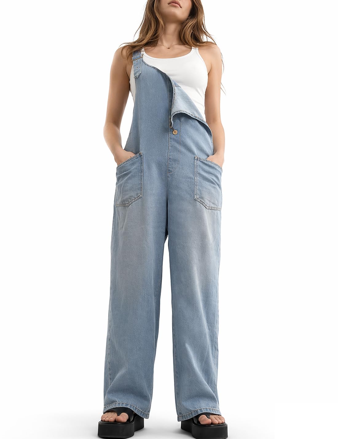 Salopette décontractée en jean pour femme avec bretelles réglables, boutonnière et pantalon sarouel