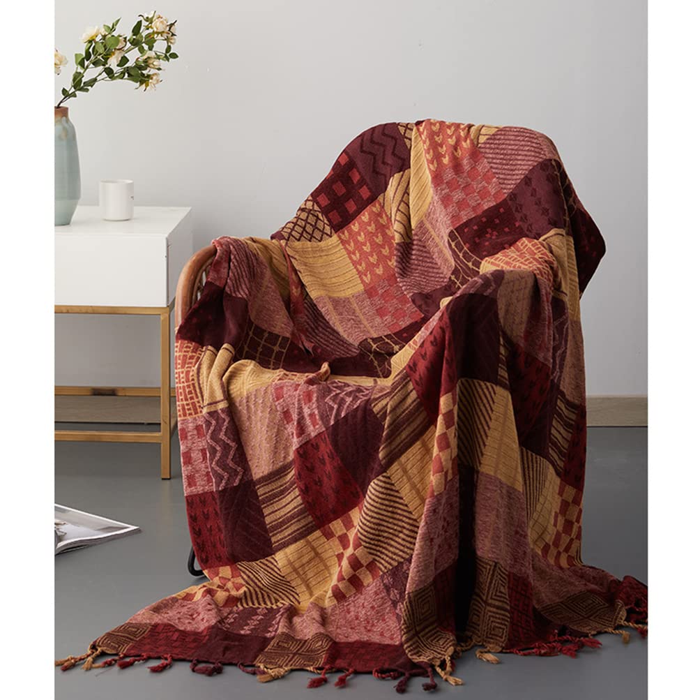 ele ELEOPTION Chenille-Überwurfdecke, Jacquard-Quasten, Überwurfdecke, Sofa, Stuhlbezug, dekorativ für Bett, Couch, weicher Stuhl, Volksstammes-Muster (rotes Gitter, 150 x 190 cm)