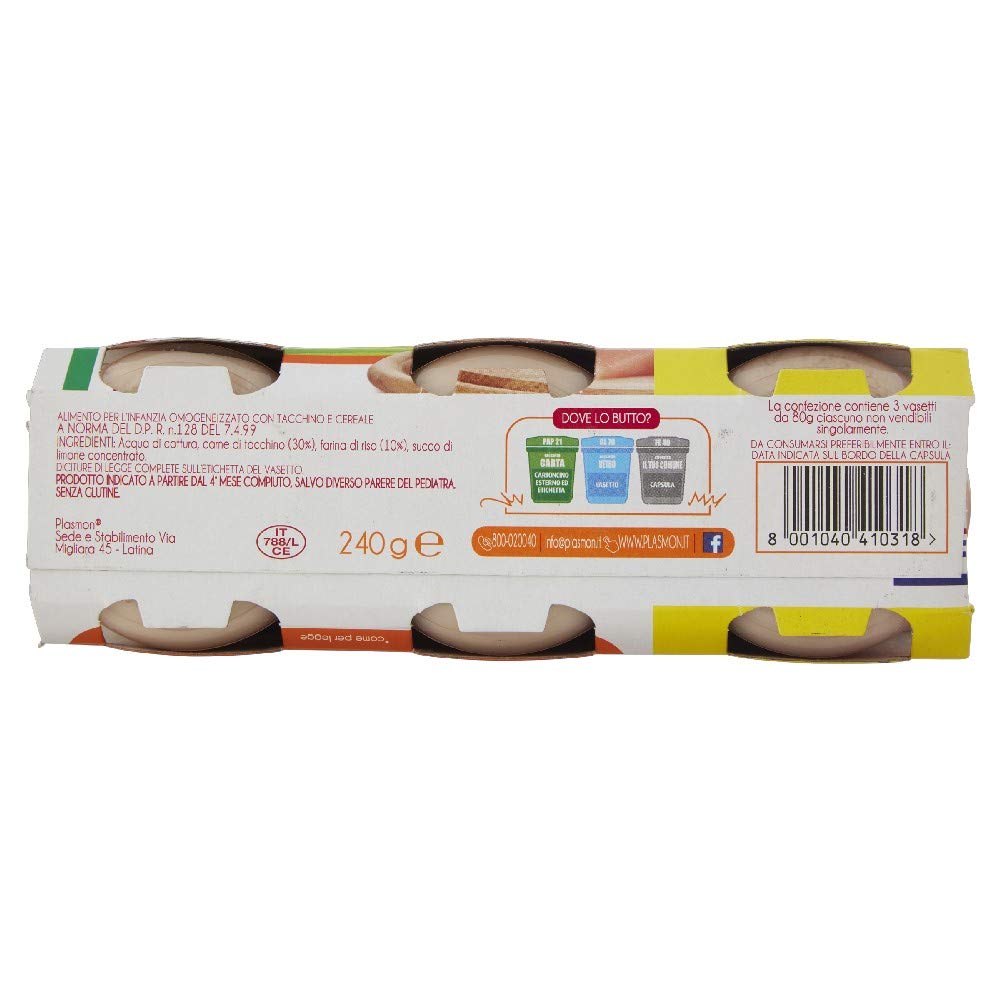Plasmon Omogeneizzato di Tacchino, Confezione da 3x80g - Totale 240 gr