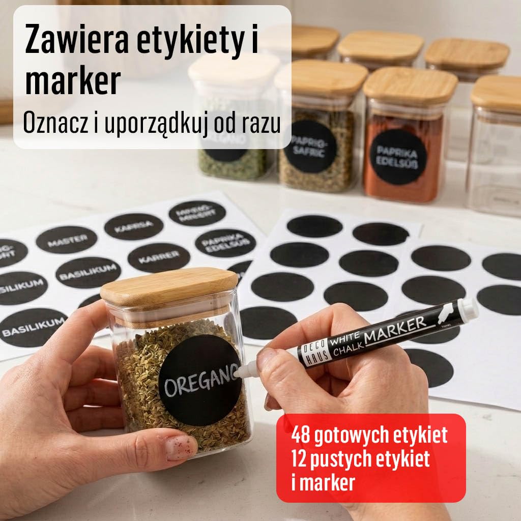 Deco Haus® zestaw 20 Pojemników na Przyprawy [+ ETYKIETY] 160ml - Pojemniki na Przyprawy z Drewnianą Pokrywką - Zestaw do Przechowywania
