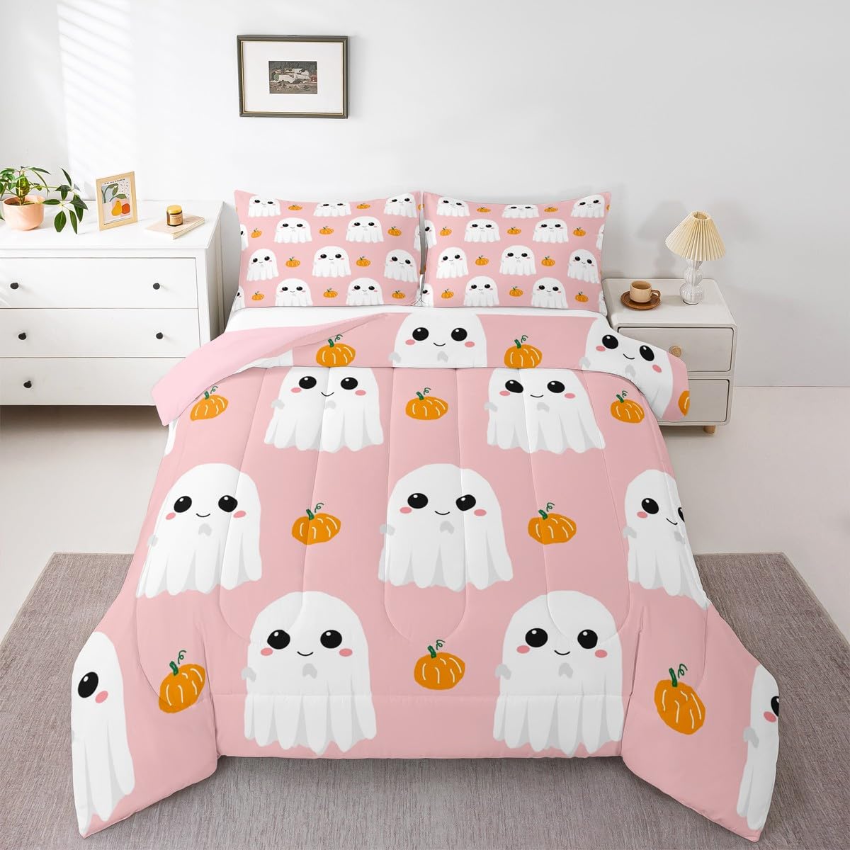 Cartoon Ghost 3-teiliges Queen-Size-Bettwäsche-Set, Handzeichnung, rosa, weiß, Daunen-Alternative, Erwachsenen-Schlafzimmerdekoration, Aquarell-Kürbis, Halloween, ultraweiche Mikrofaser-Innenfüllung,