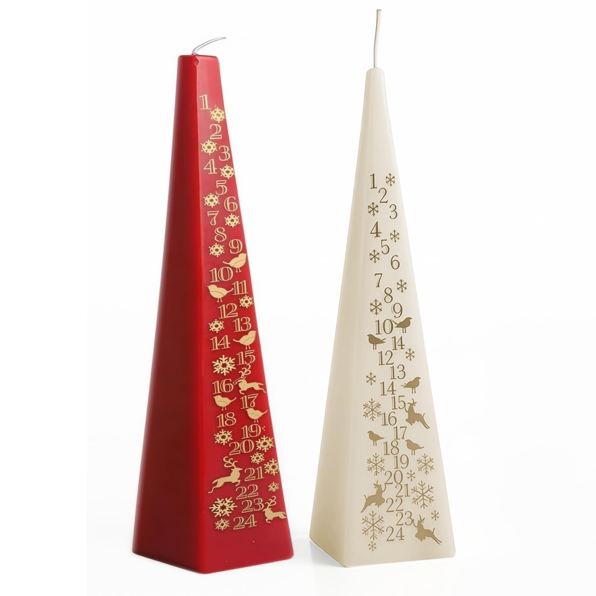 Zopper Advent Candle Bundle – 2-Pack (Red & Ivory, 33cm) Unscented Paraffin/Stearin Blend Pyramid Taper, Christmas Countdown Candles