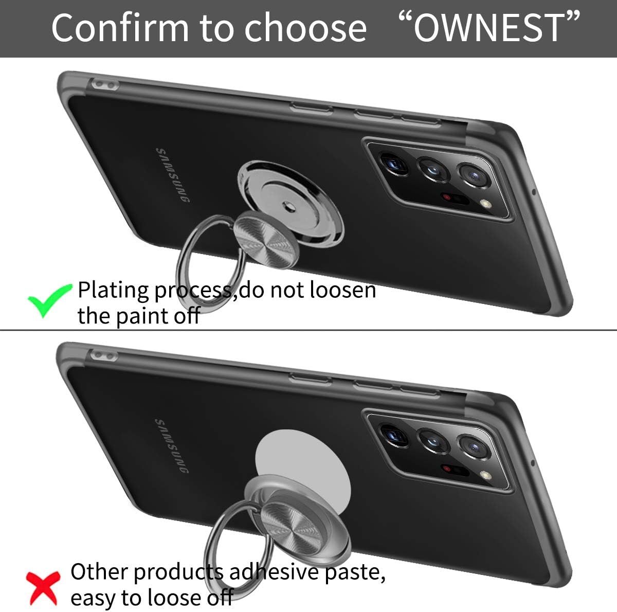 Ownest Compatible with Samsung Galaxy Note 20 Ultra Case with Built-in 360 Rotatable Ring Kickstand Fit Magnetic Car Mount and Clear Slim TPU for Samsung Note 20 Ultra (5G)-Black