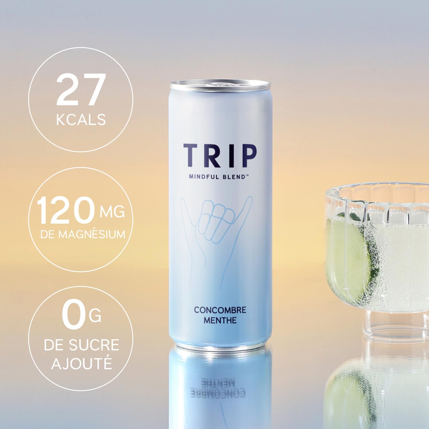 Trip Mindful Blend, boisson légèrement pétillante aux adaptogènes, mocktail avec 120mg de magnésium, crinière de lion et L-théanine, sans sucres ajoutés, végétalienne, saveur menthe-concombre 12x250ml