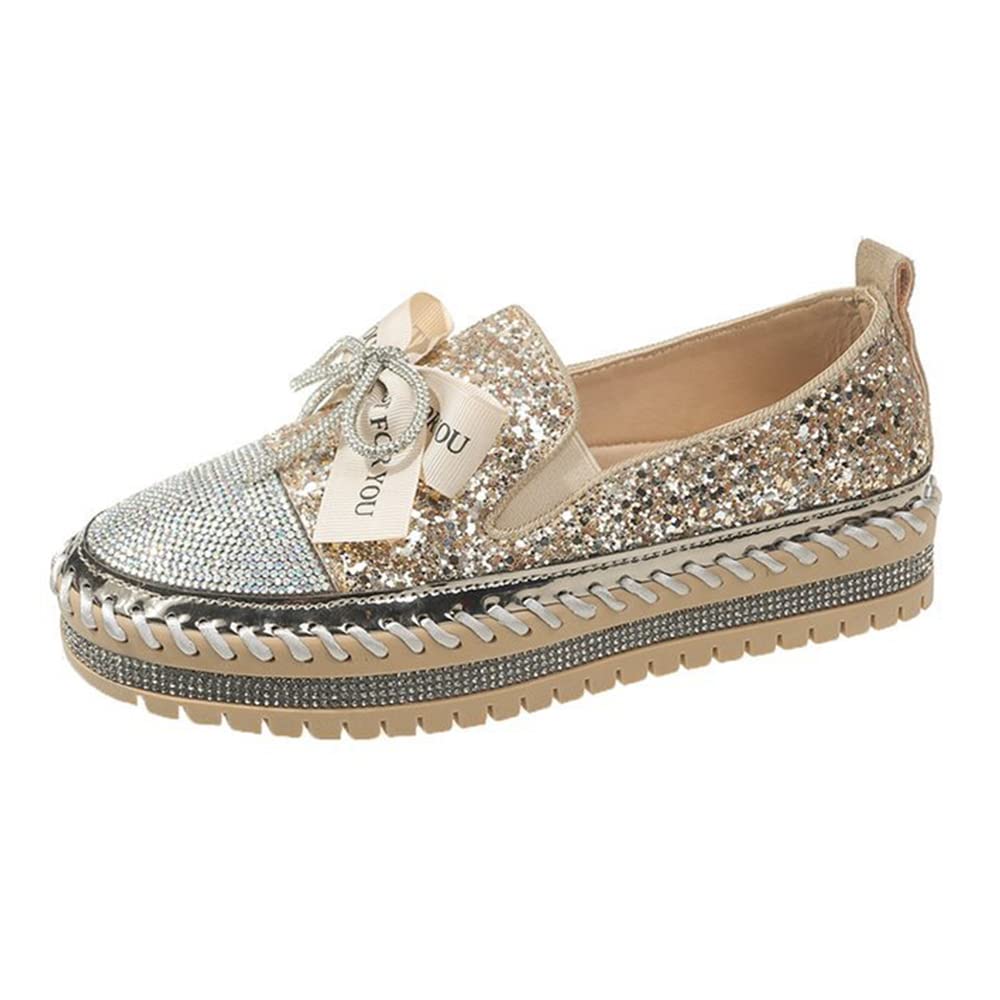 SUGURETAWomen's Fashion Rhinestone Slip On Sneakers Casual Comfort Platform  Walking Shoes Cute Bowknot Glitter Bling Loafers - Main Image
