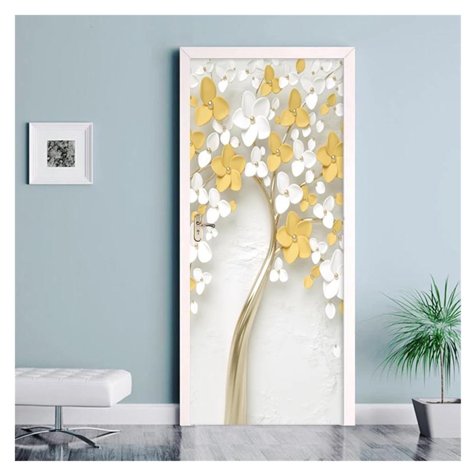 Sticker muraux 3D pour rénover un mur abîmé avec des fleurs jaunes