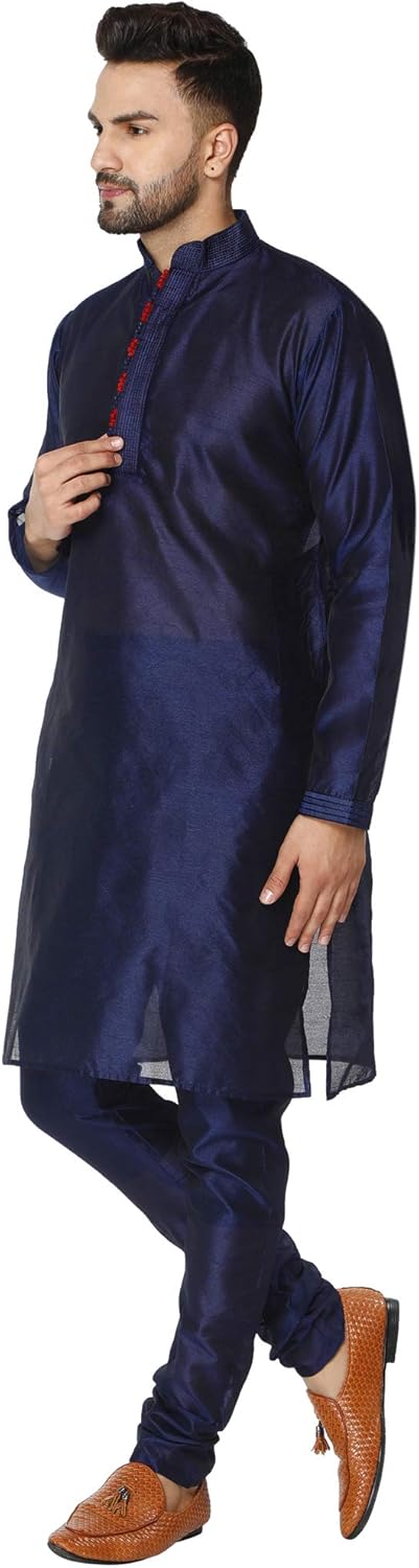 SKAVIJ Mens Art Silk Kurta Pajama Set Traditional Indian Ethnic Wear for Wedding Festive Long Kurta with Pajama - Image 5