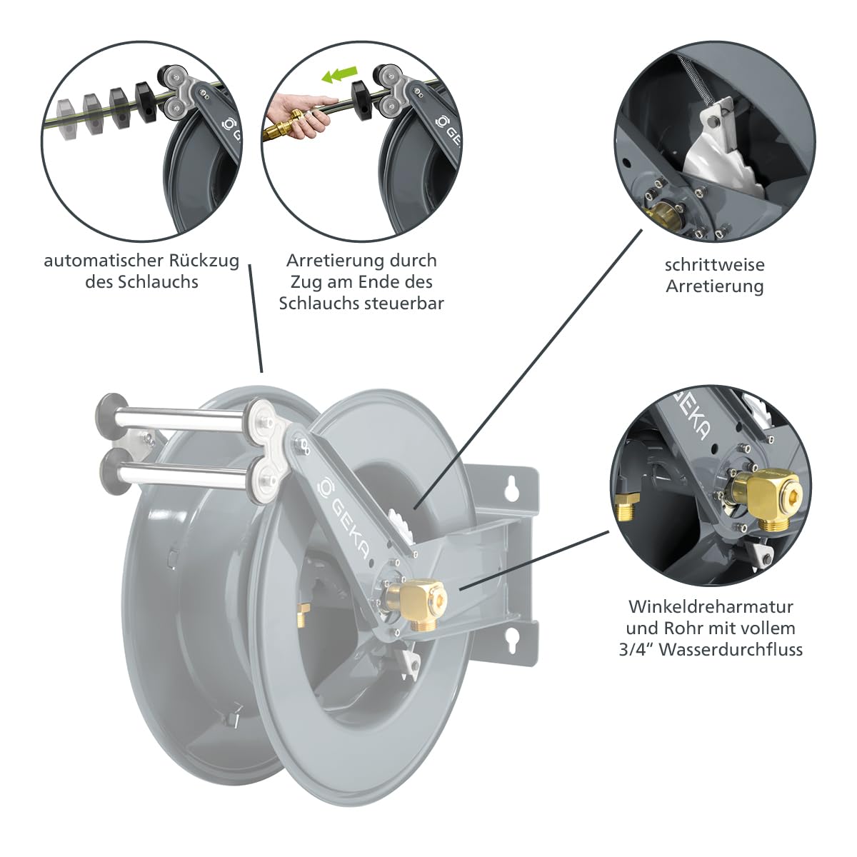 GEKA plus Automatischer Schlauchaufroller PA30SK (robuster Schlauchaufroller, Stahlkonstruktion, autom. Rückzug, schrittweise Arretierung, mit 30 m Wasserschlauch), Grau