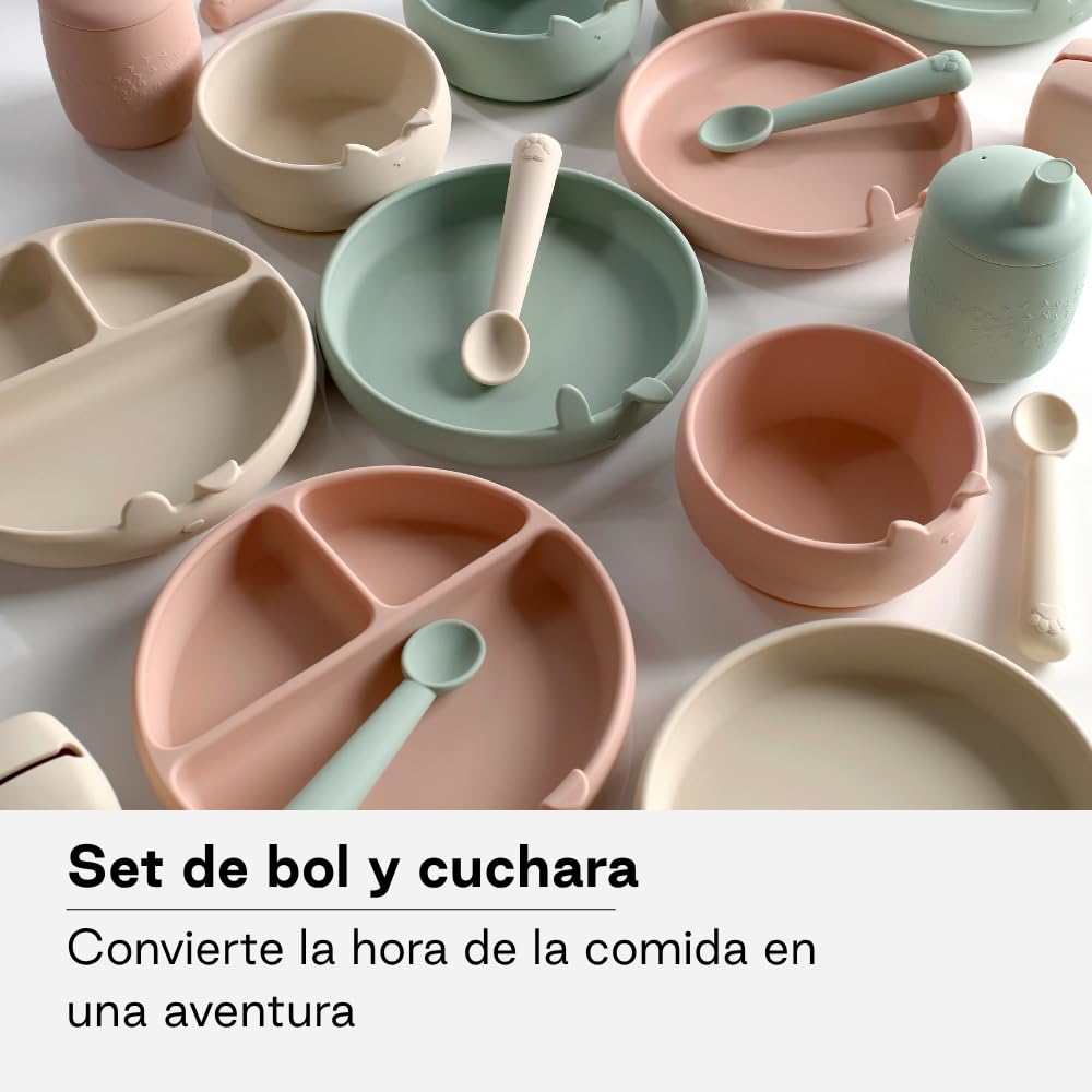 Jané Set Bol y Cuchara de Silicona con Ventosa, Libre BPA, Apto Microondas y Lavavajillas, Vajilla Bebé, Verde