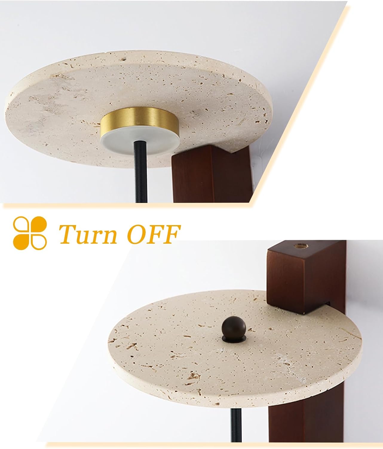 Yellow Travertine Wall Sconce, 15.7" Japanese Vintage Wabi Sabi Light Fixture with Natural Stone Lampshade Pull Cord Switch Wood Base, Art Deco Wall Sconces for Bedside Bedroom Kitchen Island