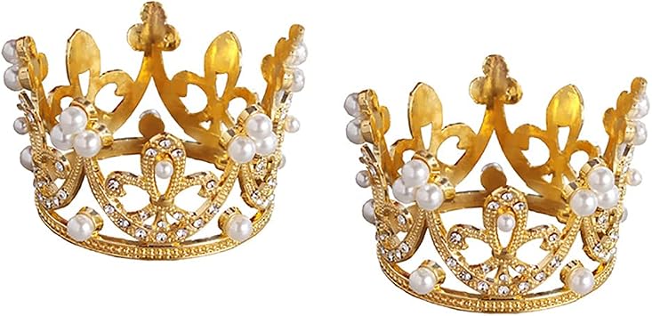 2 Pcs Mini Princess Pearl Crown Tiara Cake Cupcake Toppers Cake Decoration for Baby Shower Birthday Princess Party Bridal WeddingGold