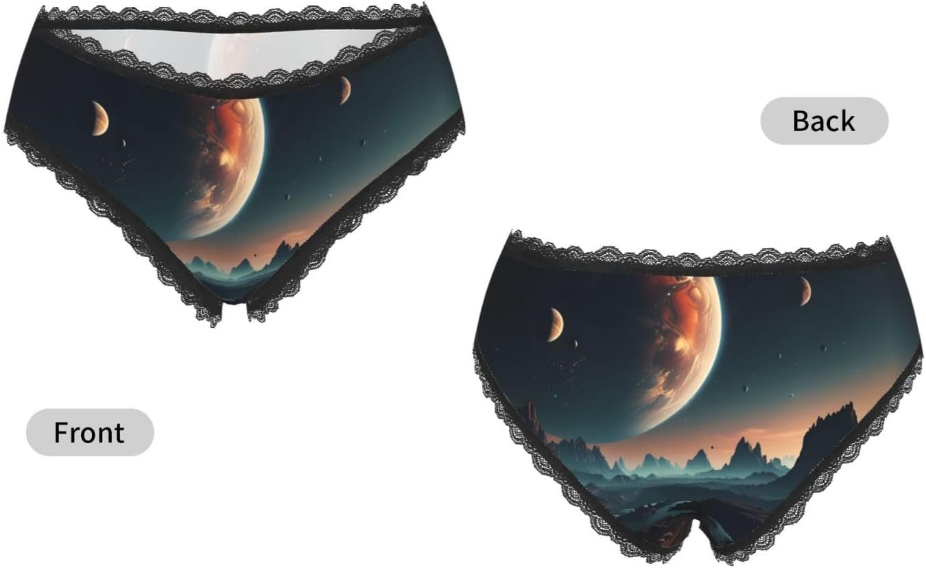 Planetary system surreal Women's Lace Briefs, Transfer Printing Low Rise, Polyester Spandex Seamless Soft Panties