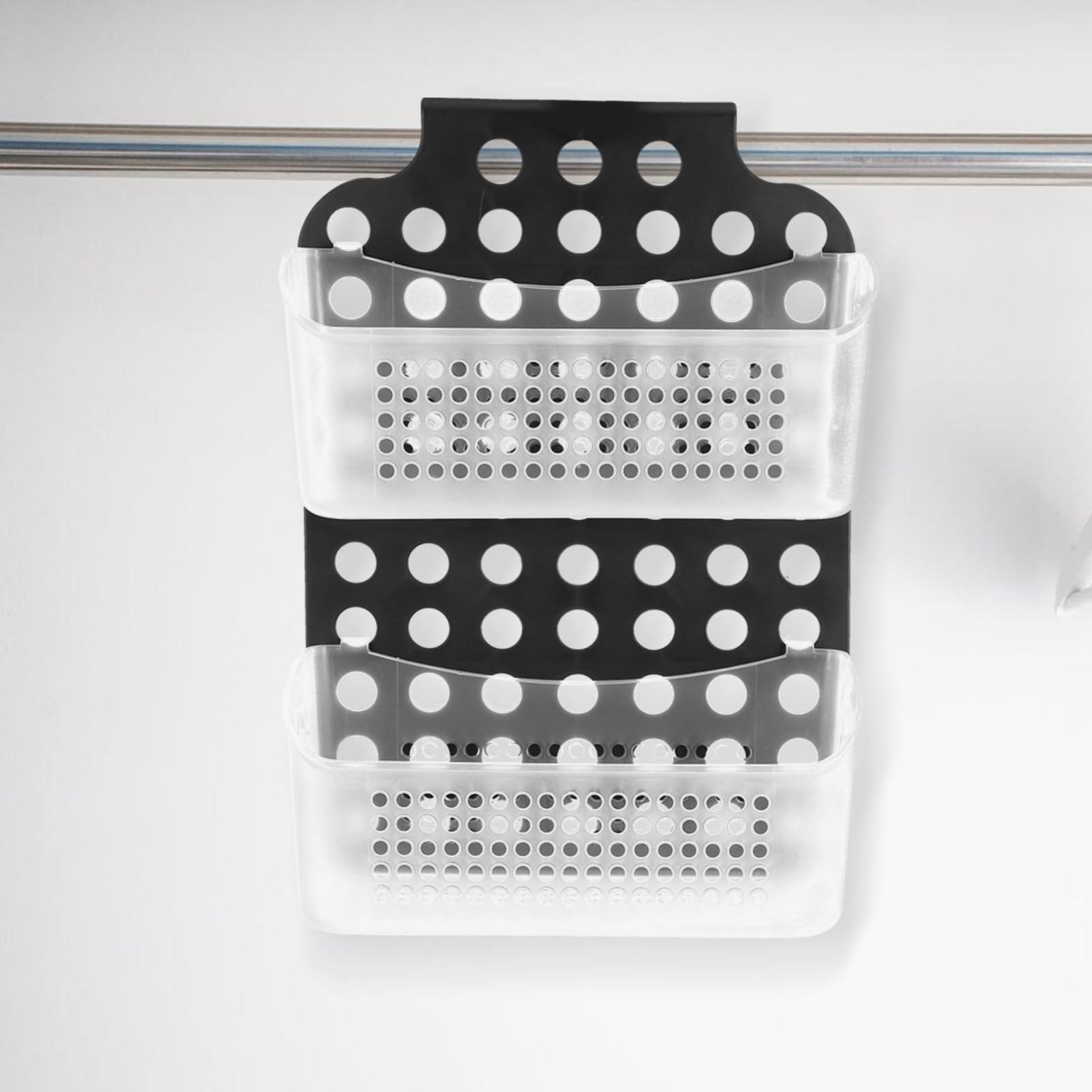 Cestino Doccia Appeso a Doppio Strato in Pp Nero, senza Foratura | Ganci Multifunzione Integrati, Design Semplice e Moderno, Soluzione Pratica per Bagno e Toilette