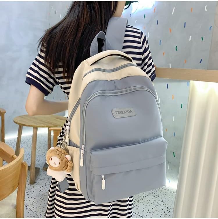 Miniatura 2 de Sumleno Mochila estética con colgante de felpa Kawaii, mochila de 15.6 pulgadas, mochila para laptop universitaria, linda mochila coreana, Azul,