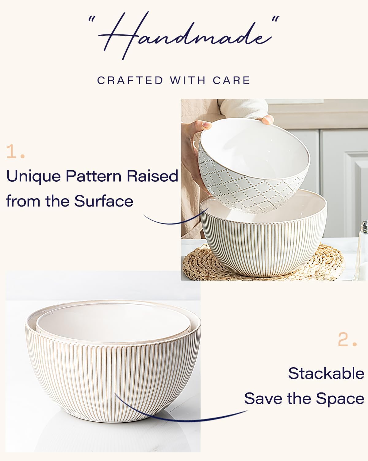 getstar Deep Ceramic Mixing Bowl Set of 2(8.7"/7.5"), 3&1.8 Qt Large Salad Serving Bowls Vintage Nesting Mixing Bowls for Cooking, Baking, Prepping, Microwave and Dishwasher Safe