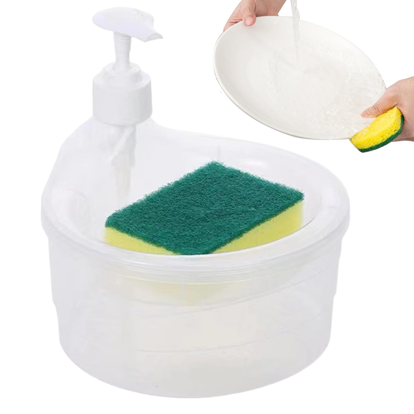 2-in-1 Dishwashing Dispenser with Sponge, Liquid Pump Bottle and Holder, Compact Sturdy Space-Saving Kitchen Sink Accessory for Cleaning Plates, Bowls, Glasses, and Utensils