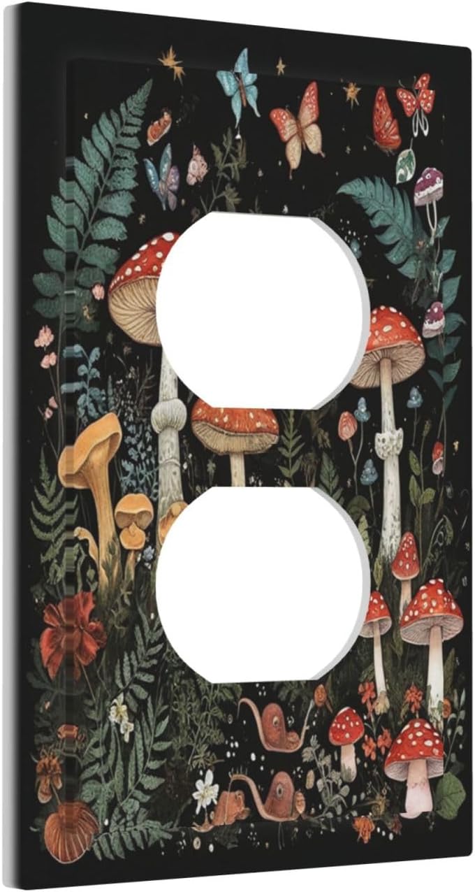 Cartoon Floral Mushroom forest Butterfly Flowers Outlet Covers 1 Gang Duplex Electrical Receptacle Faceplate Light Switch Cover Wall Plate Decorative Switch Plates for Bedroom Kids Room Decor