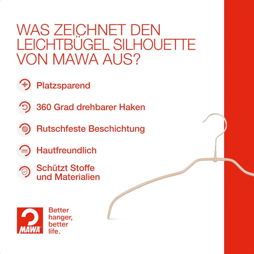 MAWA Kleiderbügel, Set aus 20, platzsparend und rutschfest, mit 360° drehbarem Haken, für Blusen, Hemden und Shirts, 36 cm, Latte Macchiato | Dünn, platzsparend, für empfindliche Textilien, um 360 ° drehbare Haken, rutschfeste Beschichtung