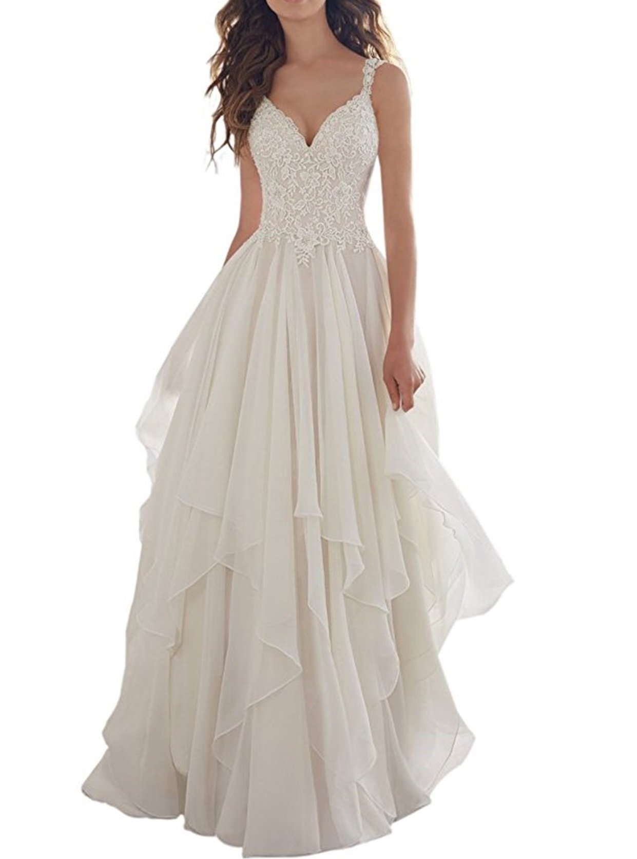 ANJURUISI Women's V-Neck Appliques Tulle Chiffon Beach Wedding Dress for Bride