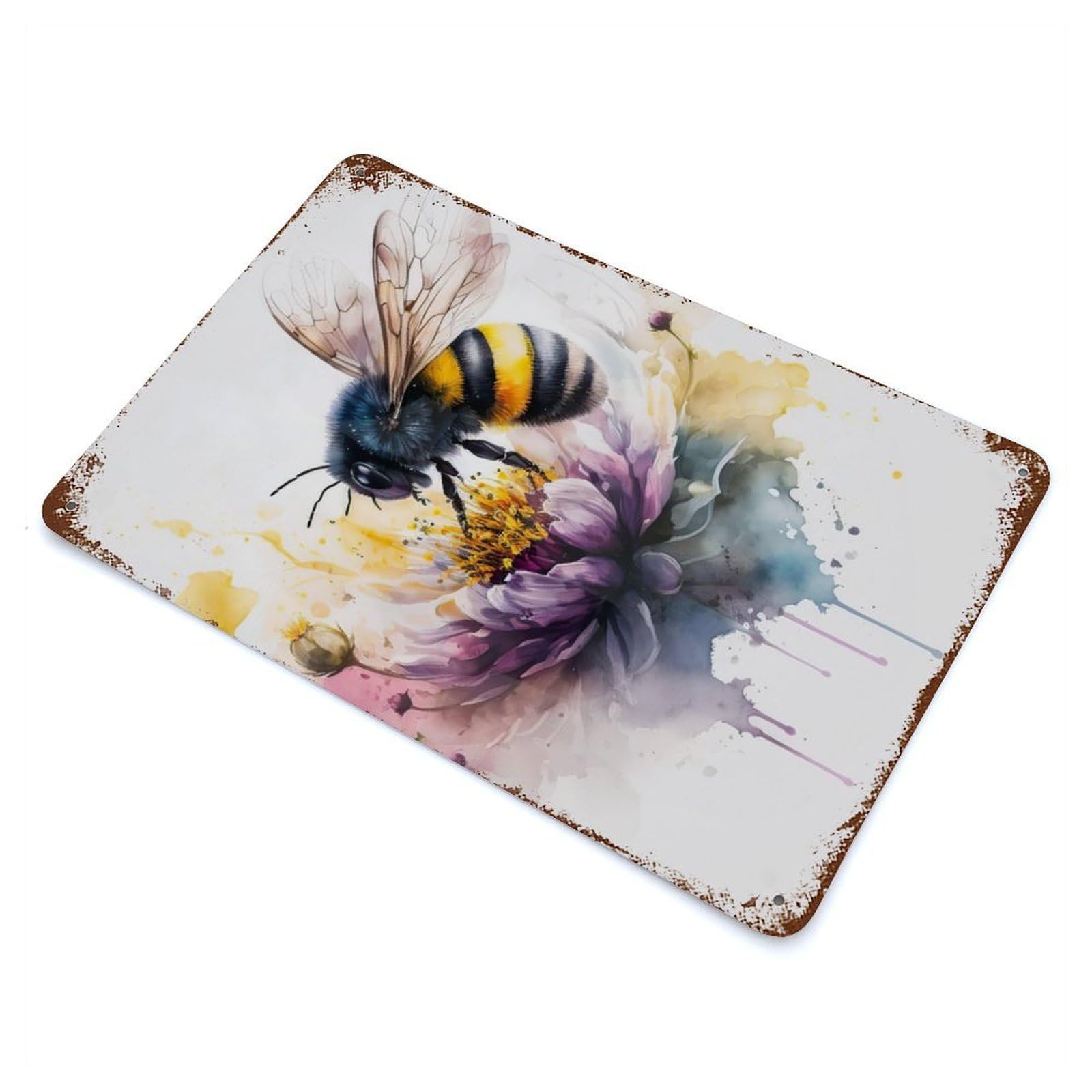 Aged Metal Wall Plaque with Watercolor Bee Design 11.8"x7.9", for Basement, Hobby Room And Garage Decor, Farmhouse Wall Decor
