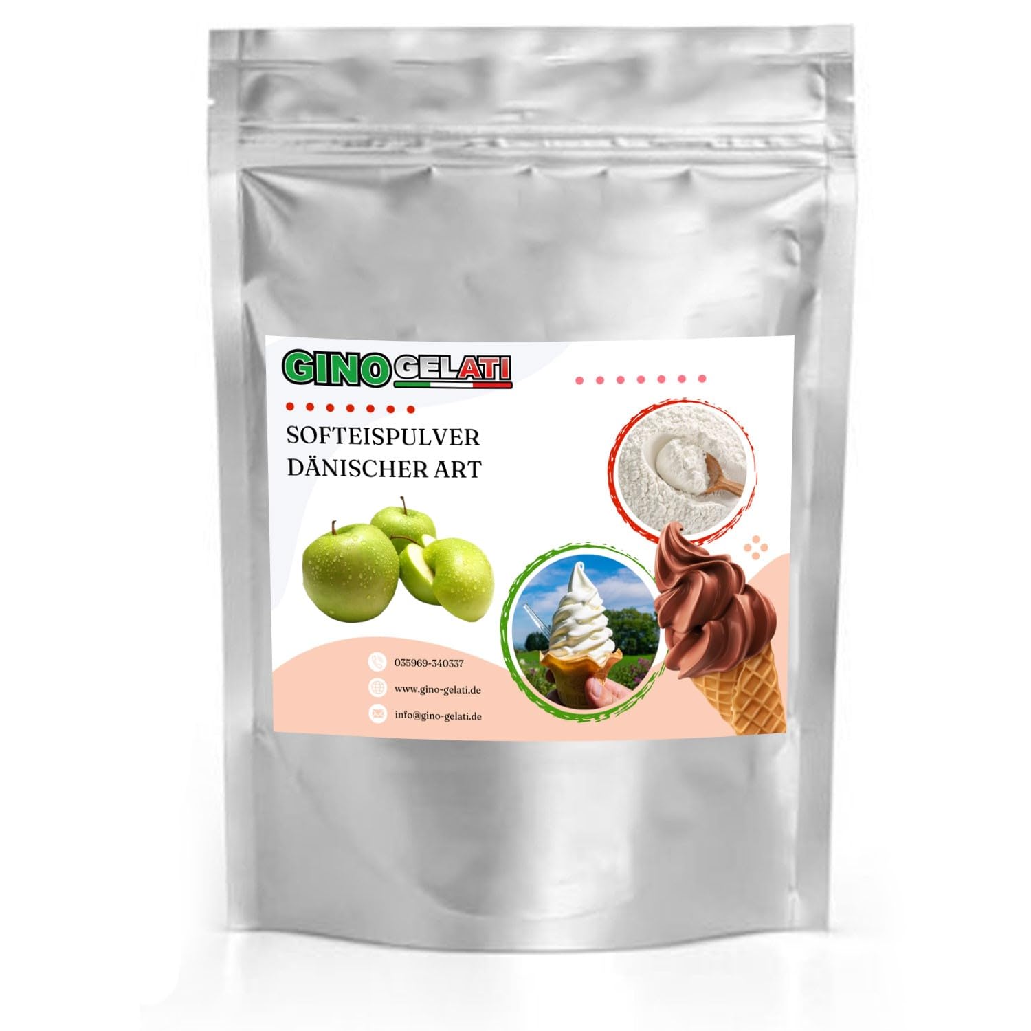Gino Gelati Apfel Dänisches Softeis Pulver 10 Kg, fruchtiger Geschmack, verschiedene Geschmacksvarianten, schnell und einfach Zubereitet, Made in Germany, Eis selber machen