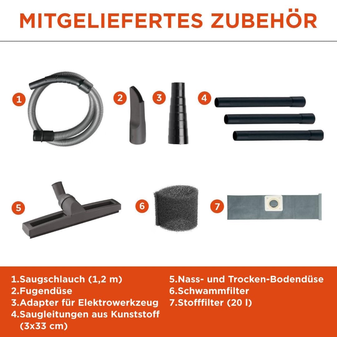 BLACK+DECKER Nass und Trockensauger BXVC20XTE mit Integrierte Steckdose für Elektrowerkzeug (1400 W, 20 Liter)