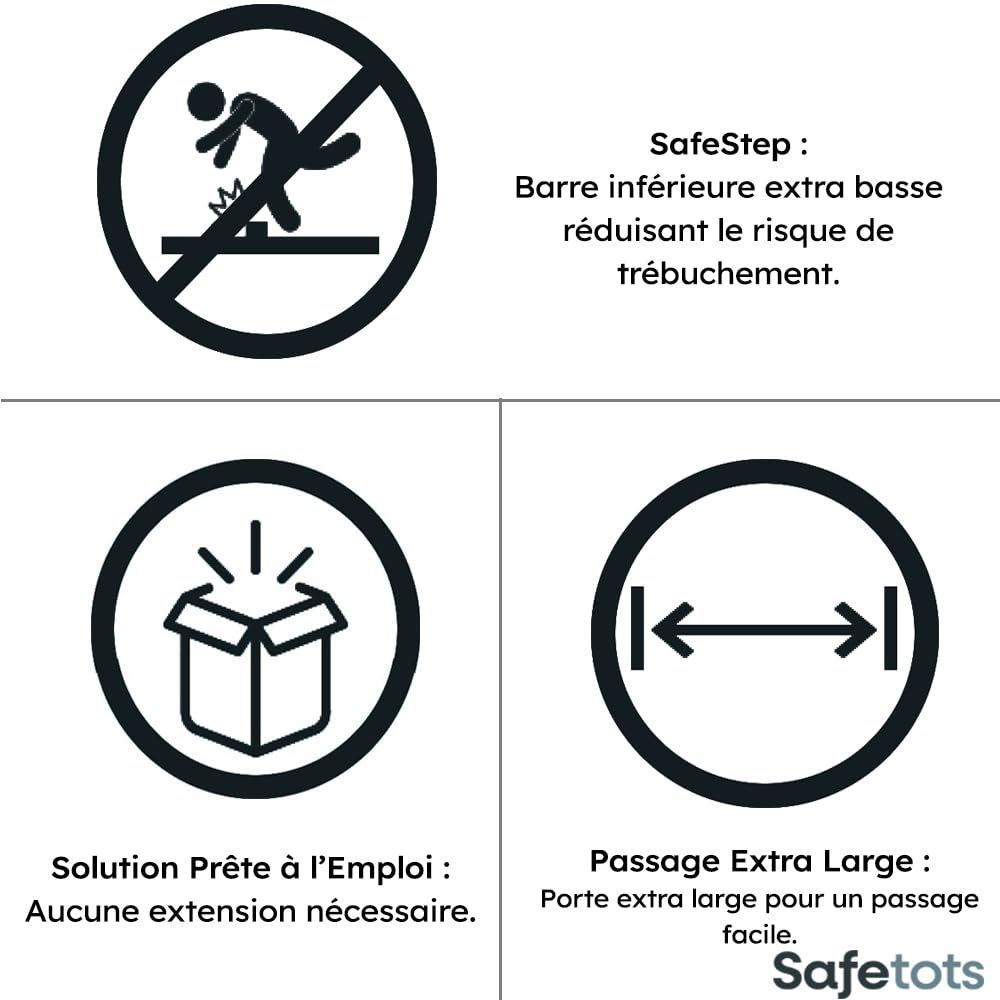 Safetots Barrière de Sécurité avec Barre de Seuil Extra Basse, Passage Extra Bas, Barrière en Une Pièce pour Escaliers, Couloirs et Portes, Bébés et Tout-Petits, 75cm - 82cm, Couleur Blanc