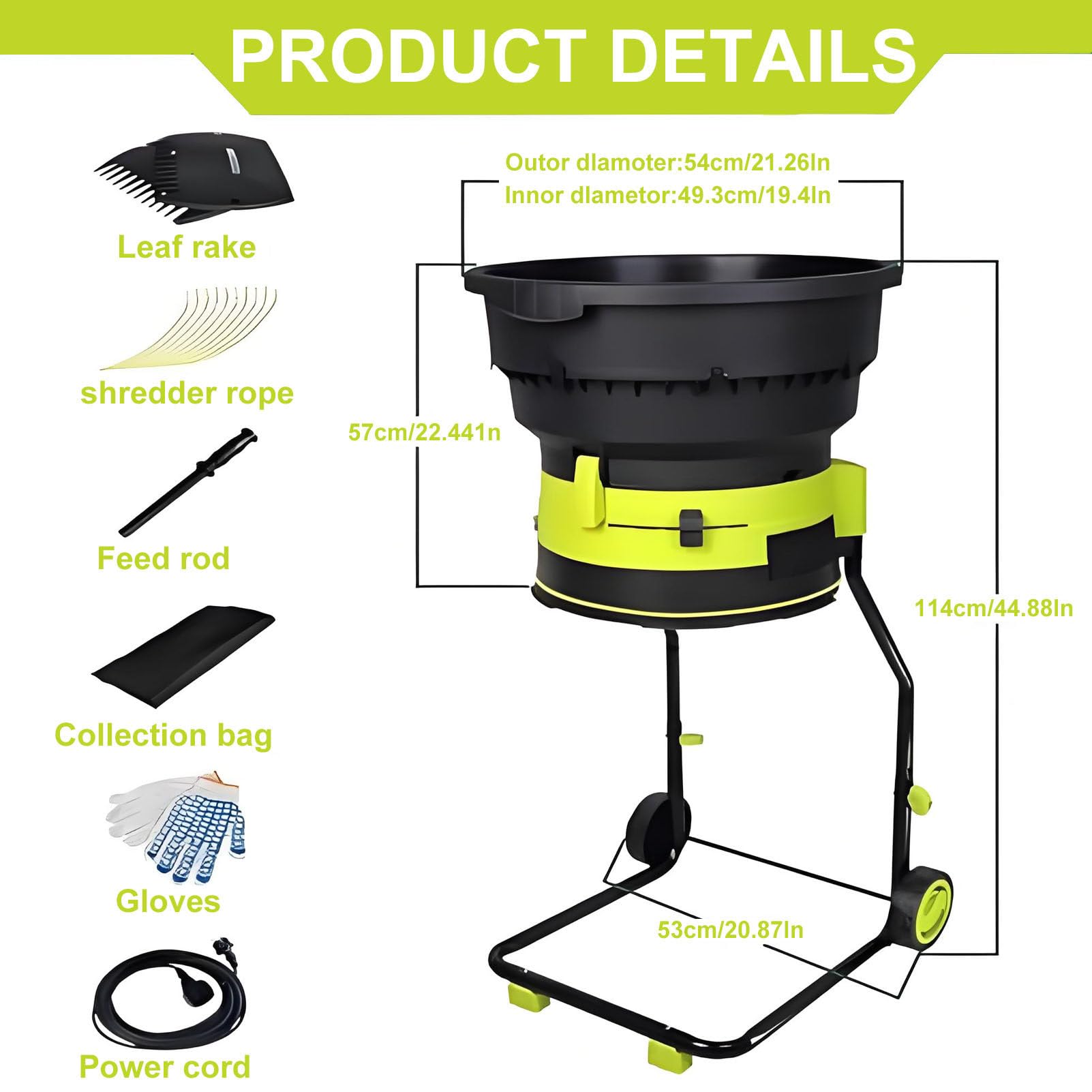 Trituradora de jardín eléctrica, trituradora de Hojas, 2500 W de Potencia, 8000 RPM, relación de trituración de 17:1, para el Mantenimiento del jardín doméstico. LeafShredder+NoPowercord