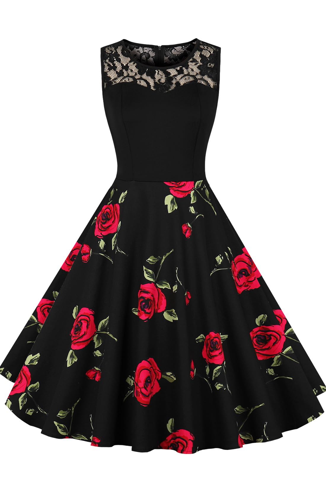 AXOE Donna Vestito Vintage Anni 50 60 con Pizzo Senza Maniche Midi Floreale Cotone Abito da Cerimonia, Cocktail, Estate Nero e Rossa F1B, Taglia 50, XXL