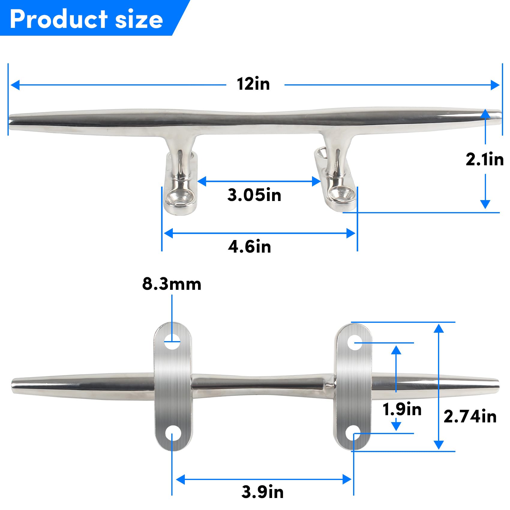 VEITHI Boat Cleats Dock Cleats 12 inch 316 Stainless Steel, Boat Dock Cleats Open Base, Boat Cleat Large Marine Cleats with Hardware, Rope Cleat for Boat/Yacht/Deck/Nautical Decor (2 Pack)