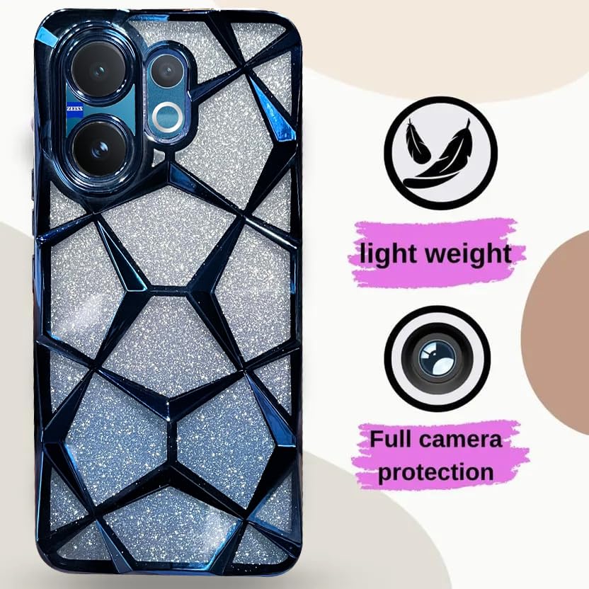 Image of VONZEE Gradient Glitter Case for VIVO V60, Luxury Electroplated 3D Cube, Diamond Bling Shiny Soft TPU Clear Shockproof Women Girls Protective Phone Cover (Blue)