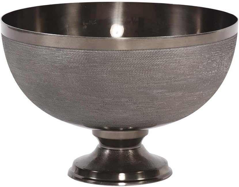 Howard Elliott Collection Textured Aluminum Footed Decorative Bowl, Chiseled Crosshatch Metal Accent for Table, Shelf or Console Display, Removable Base Design, 12x12x8 Inch, Smoke Black