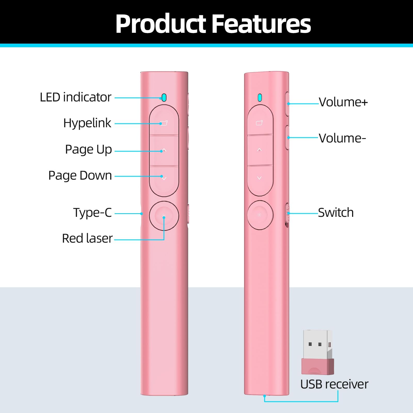 Télécommande Présentation Sans Fil Rechargeable avec Hyperlien & Contrôle Volume, Compatible Mac PC Ordinateurs Portables (Rose)